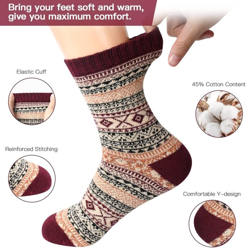 Lisacool 5 Pairs Womens Wool Socks - Winter Warm Socks - Thick Thermal Knit Vintage Cozy Crew Soft Gifts for Women - Image 1